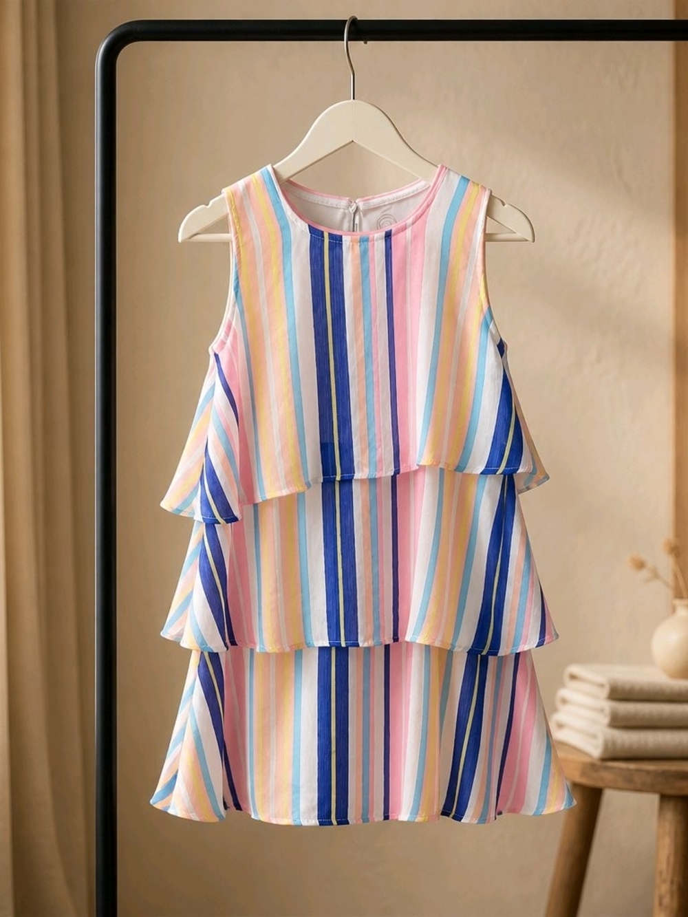 wonder nation Pink Blue Yellow Striped Tiered Sundress